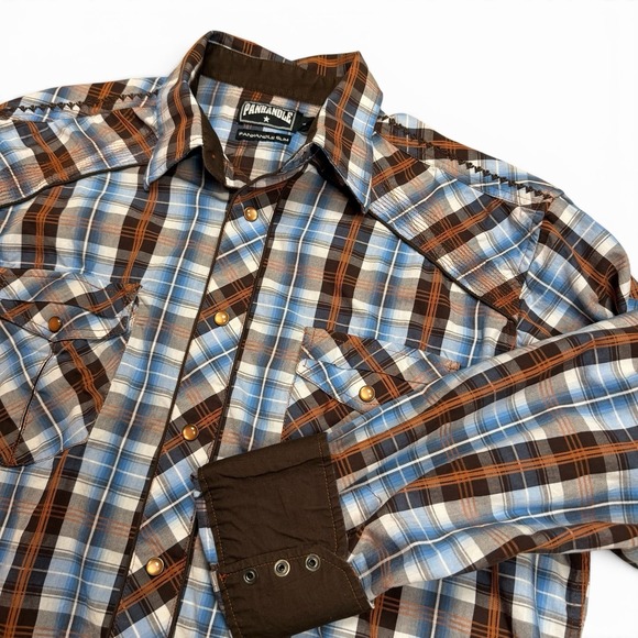 Panhandle Slim Other - Panhandle Slim Large Shirt Western Texas Plaid Blue Brown Pearl Snaps 90 Proof